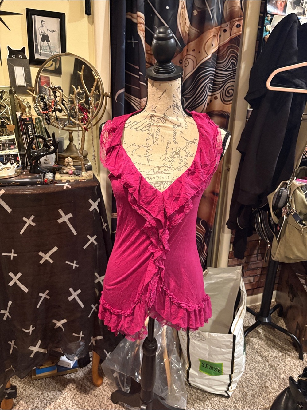 Ruffled Fuchsia Sleeveless V-Neck Top